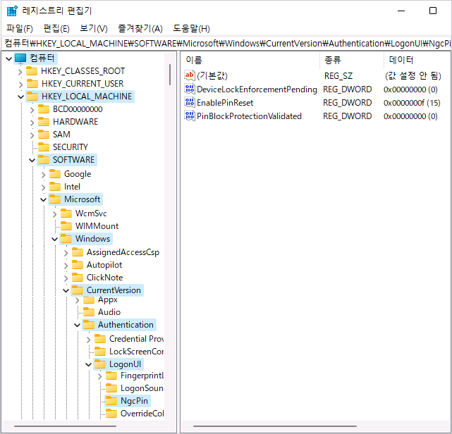 Windows 11 로그인 화면의 PIN 재설정을 무효화 또는 유효화하기 - 레지스트리 편집